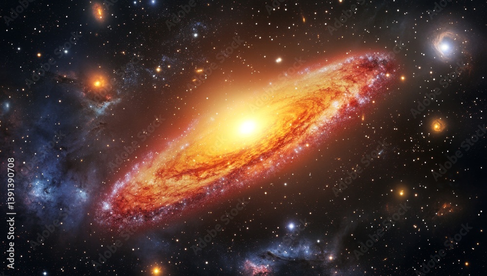 Fototapeta premium A breathtaking spiral galaxy ablaze with vibrant colors against a backdrop of countless stars. Vast nebulae dance across the cosmic canvas