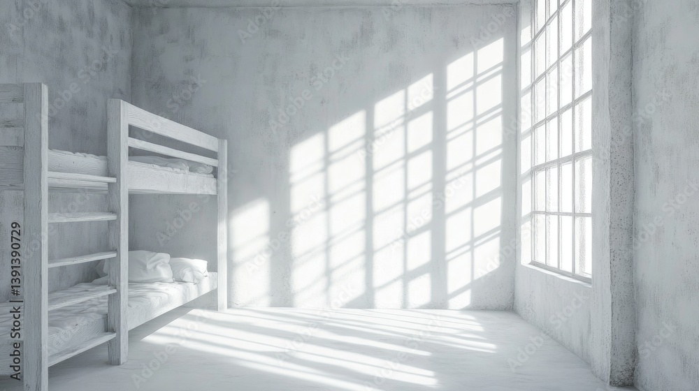 Obraz premium An all-white room with matching bunk beds and gentle shadows from a large window