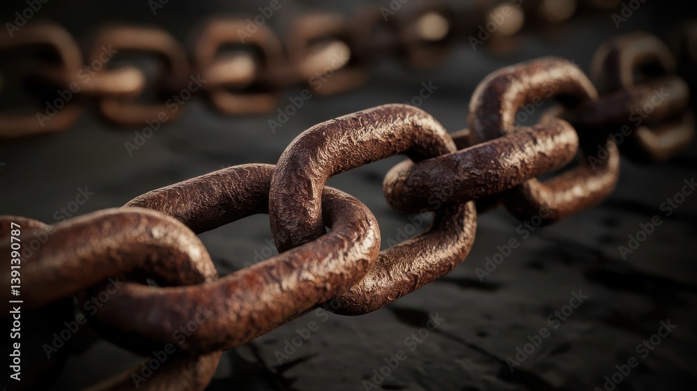 Macro view of a weathered chain links symbolizing strength and constraint Macro view of a weathered chain links symbolizing strength and constraint