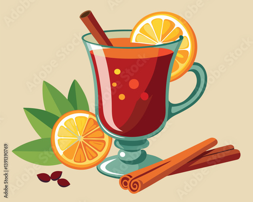Mulled Wine with Cinnamon Sticks and Orange Slices. Festive Winter Drink