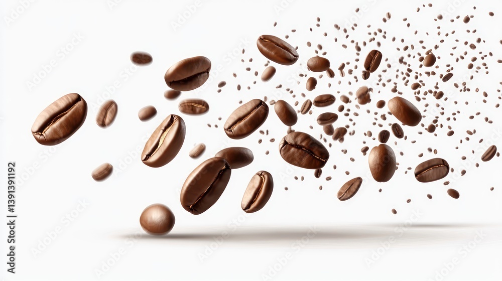 Roasted coffee beans exploding, isolated, white background, advertising Roasted coffee beans exploding, isolated, white background, advertising