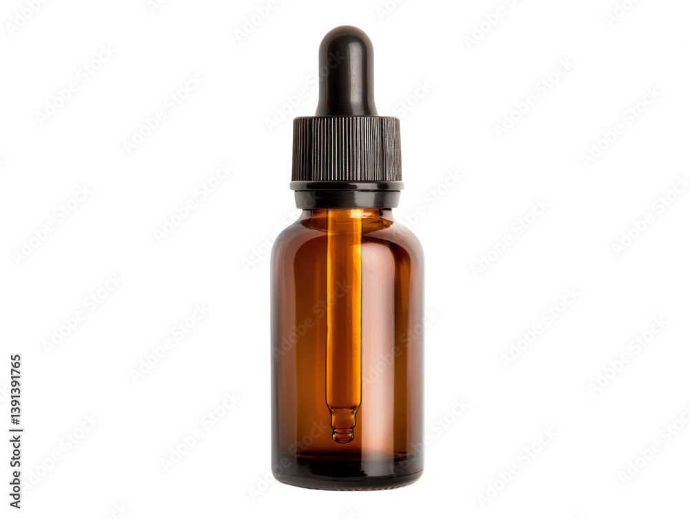 Elegant amber dropper bottle studio setting cutout background product photography close-up view beauty concept