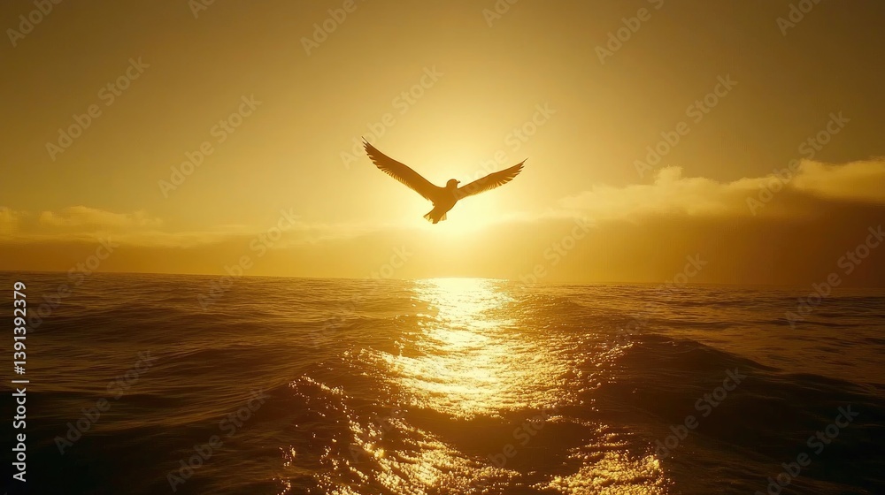 Naklejka premium A single seagull's shadow crosses the sea as sunset light casts a warm glow on water