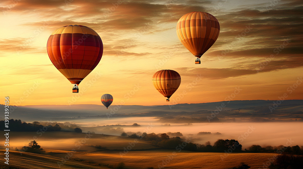 Obraz premium Hot air balloons soar over a misty valley at sunrise.