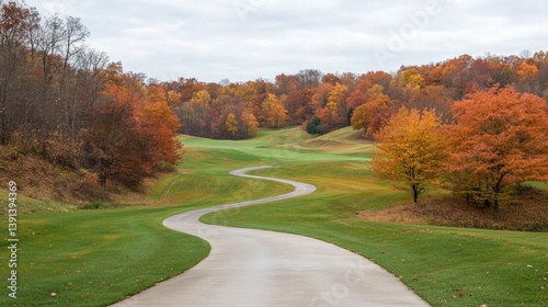 A winding golf cart path weaving through gently sloping fairways and tree clusters