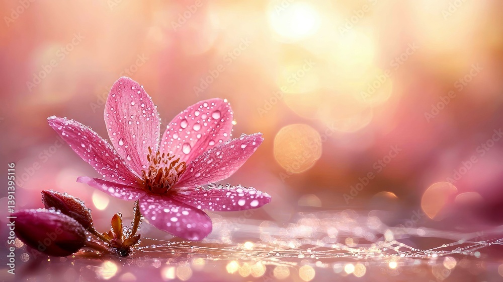 Fototapeta premium Pink Flower with Dew Drops: A Serene Floral Macro Photograph