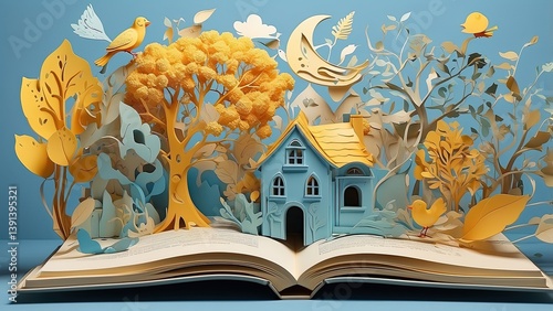 An open book with various elements emerging from its pages