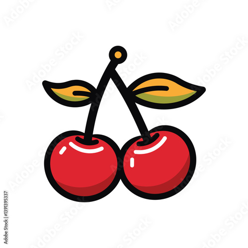 Two red cherries with stems and leaves