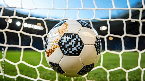 Pixelated Soccer Ball in Goal Net: Thrilling Sports Photography