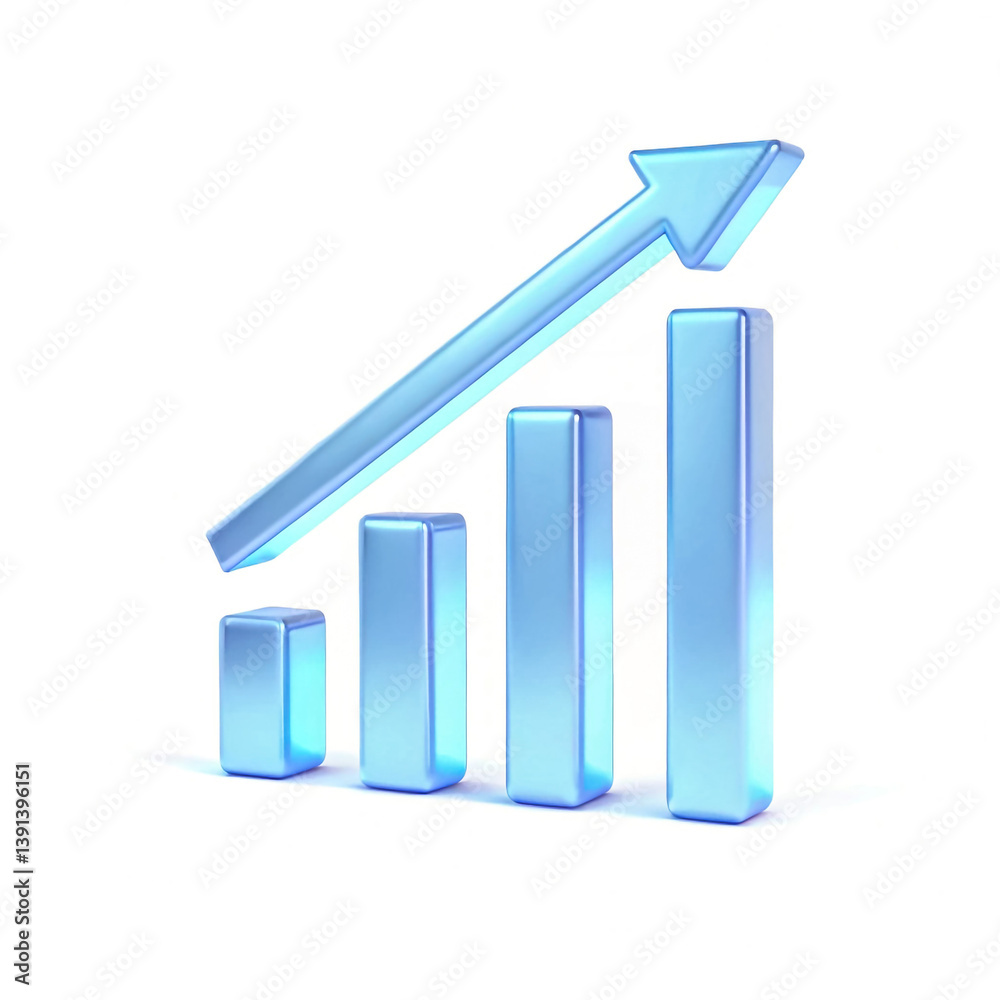 3D Metallic Blue Bar Graph with Growth Arrow, Symbolizing Data Analytics, Business Performance, Success, and Financial Trends 3D Metallic Blue Bar Graph with Growth Arrow, Symbolizing Data Analytics, Business Performance, Success, and Financial Trends