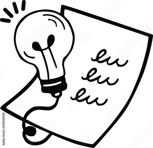 This vector features a line art illustration of a lighted light bulb connected to a piece of paper with writing on it. The bulb is depicted with typical elements such as a filament and a light beam th