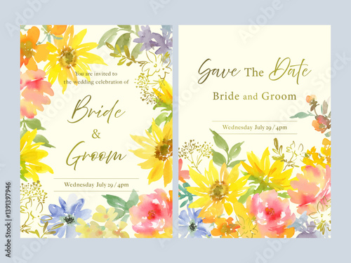 A set of summer wedding invitation templates featuring abstract sunflowers and wildflowers painted in watercolor, accented with gold floral line art. Hand-drawn botanical card designs.