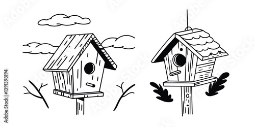 Birds found a home in a wooden birdhouse decoration on a spring tree