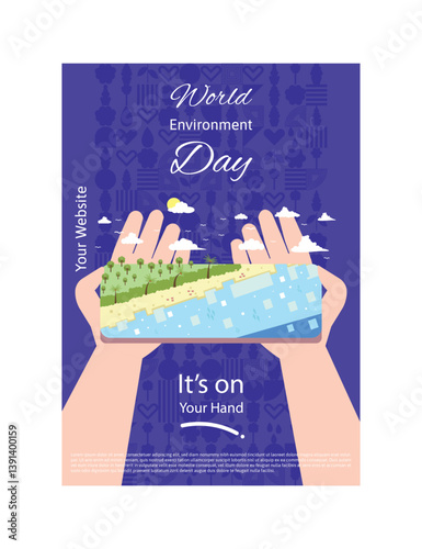 Protect Our Environment, a beach landscape on a hand, complete with sea, sand area, and a forest