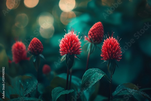 Vibrant red flowers in a lush, green garden setting photo