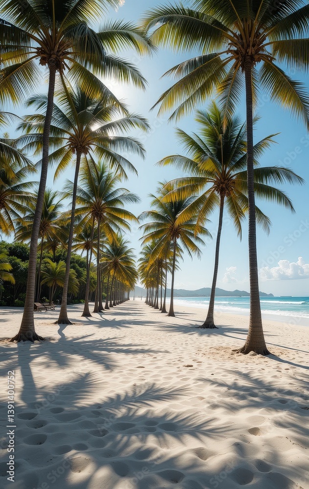 A serene beach scene featuring tall, swaying palm trees lining the shore, with gentle waves lapping at the golden sand under a clear blue sky, creating a tropical paradise.