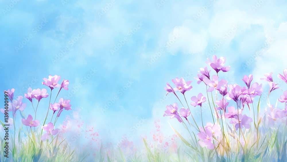 Watercolor Painting of Delicate Pink Flowers Blooming Against a Soft Blue Sky with White Clouds and Green Grass Watercolor Painting of Delicate Pink Flowers Blooming Against a Soft Blue Sky with White Clouds and Green Grass