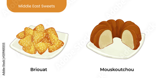 Middle East Sweets and Dessert Illustration Set Briouat Mouskoutchou