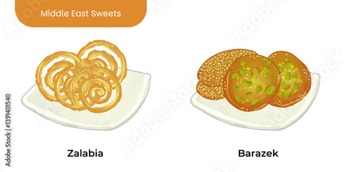 Middle East Sweets and Dessert Illustration Set Zalabia Barazek
