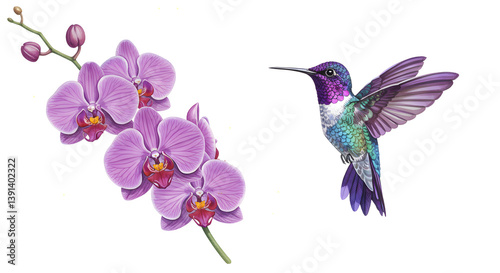 A vibrant hummingbird with iridescent purple and blue feathers flies