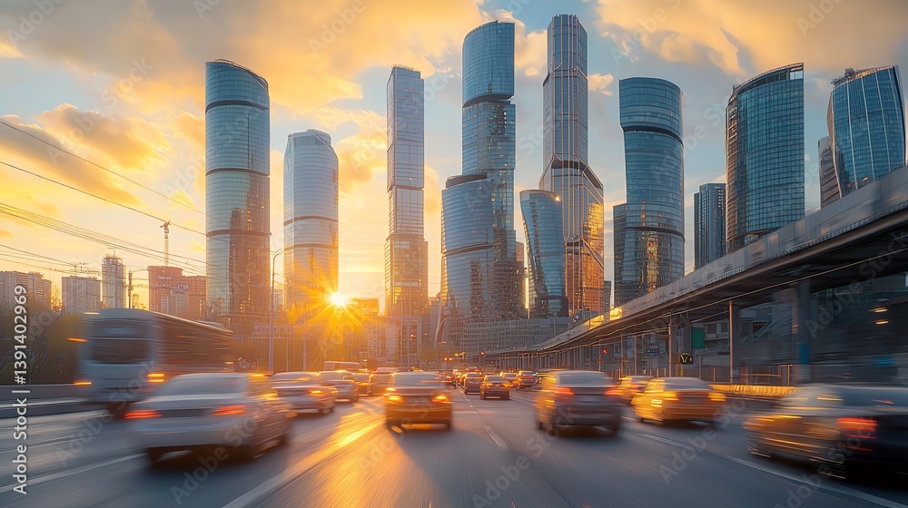 Fototapeta premium Modern cityscape during vibrant sunset glow.