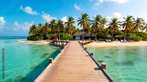 Wallpaper Mural A serene tropical island with lush palm trees and a wooden pier extending into crystal-clear turquoise waters Torontodigital.ca