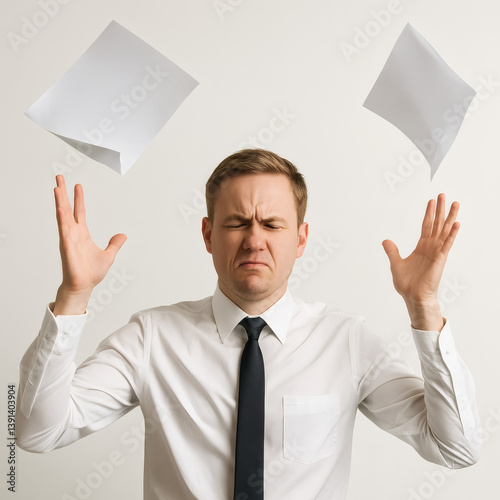 An office worker expresses frustration by throwing sheets of paper into the air. A symbolic image capturing burnout, job stress, and emotional overwhelm in the modern workplace.