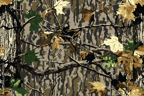 Camouflage seamless pattern. Forest real tree camouflage design. Hunting camouflage. Digital camo. Vector camouflage background