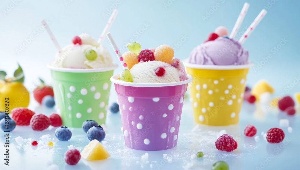 Colorful ice cream cups filled with various fruits and topped with colorful ice cream Colorful ice cream cups filled with various fruits and topped with colorful ice cream