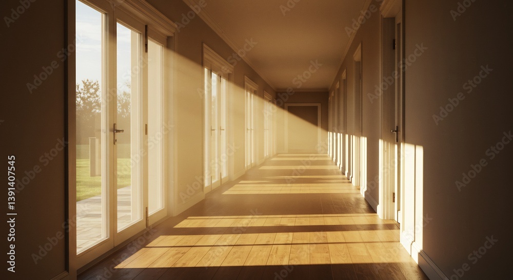 Fototapeta premium Sunlit Hallway Warm Wooden Floor. AI Generated