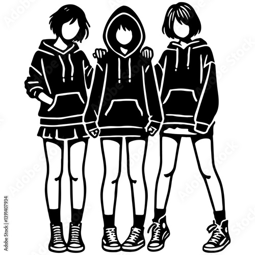 Girl Friends Sketch Drawing.