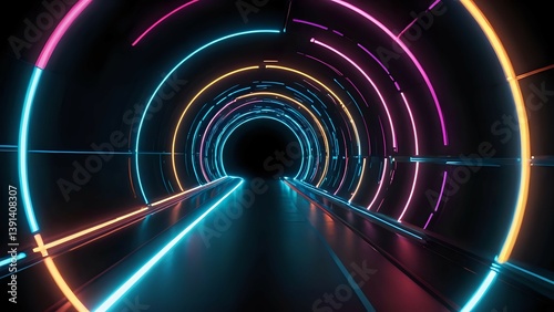 Futuristic Neon Tunnel with Glowing Blue and Orange Lights