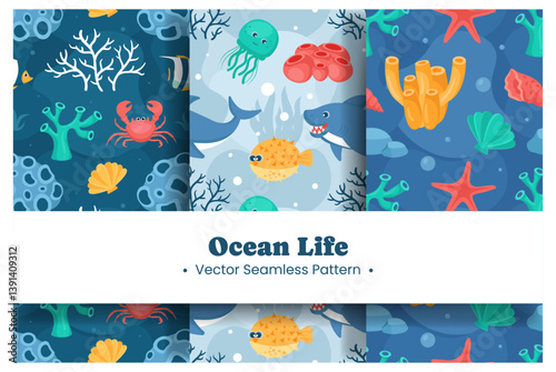 Seamless Ocean Pattern Design Featuring Decorative Marine Life Elements in a Cartoon Flat Style Illustration Template