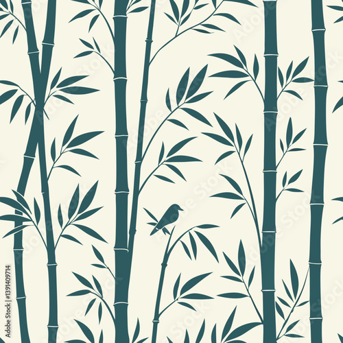 Bamboo vector seamless pattern with a bird silhouette on a light background  
