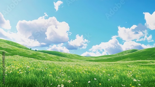 Beautiful spring meadows against the blue sky with white clouds in the background. Banner showing green meadows, perfect for the natural background of the spring vector presentation design.