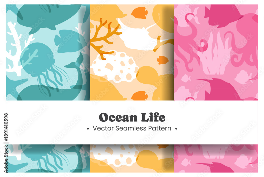 Naklejka premium Seamless Ocean Pattern Design Featuring Decorative Marine Life Elements in a Cartoon Flat Style Illustration Template