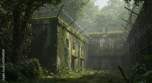 Abandoned Building Surrounded by Overgrown Nature with Barbed Wire Fencing