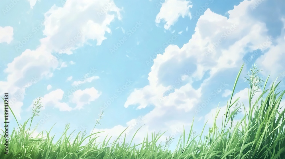 Fototapeta premium Beautiful spring meadows against the blue sky with white clouds in the background. Banner showing green meadows, perfect for the natural background of the spring vector presentation design.
