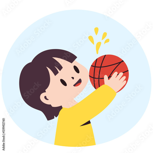 A happy child playing with a basketball, illustrated in a cute cartoon style. Perfect for sports education, physical activity content for kids, or children's books and posters about exercise.