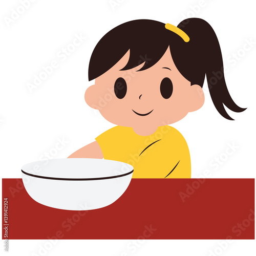 Cartoon flat design of a smiling girl sitting at the table with an empty white bowl. Ideal for food themes, daily routine, school meal time, or children’s activity illustrations.