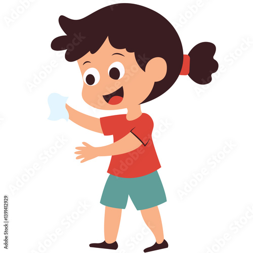 A happy cartoon girl wiping her hands with a tissue. Perfect for hygiene education, kids’ daily activities, and school health campaigns. Flat vector illustration for children’s learning and wellness.