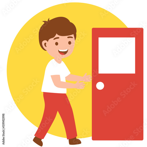 Flat cartoon illustration of a smiling boy opening a red door. Ideal for educational content, safety awareness, behavior guidance, daily routine visuals, or storytelling in kids’ materials.