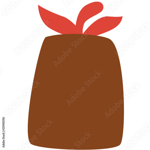 Flat illustration of a brown sack or bag tied with a red knot. Ideal for farming, harvest, storage, market, food packaging themes, or simple object and supply-related visuals.