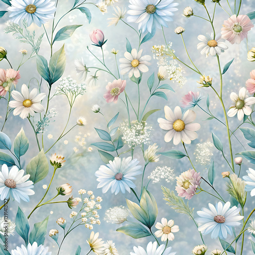 Delicate White Daisies on a Blue Background. Floral Pattern Wallpaper