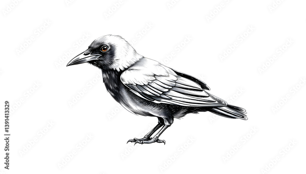 Obraz premium Black and White Sketch of a Crow Standing on White Background 