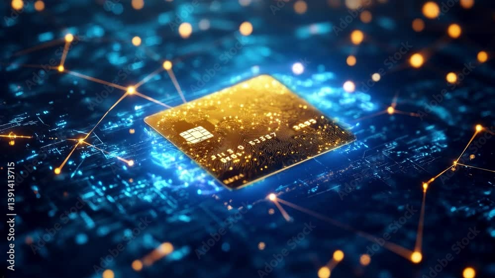Una tarjeta de crédito, dinero digital, sobre una superficie de partículas digitales con circuitos azules brillantes