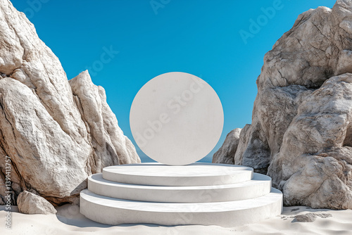 circle concrete Product display podium on sand dunes with deserts and blue sky on background,ideal mockup for product display presentation backdrop design