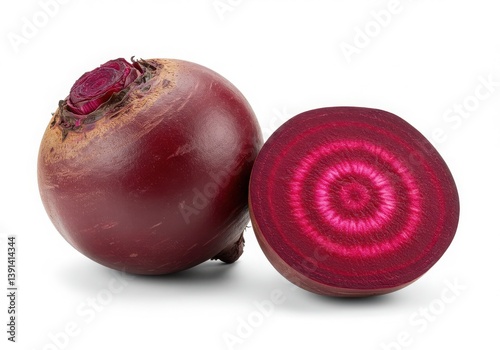 A whole beetroot and a halved beetroot showing the concentric circles on a white background close up view