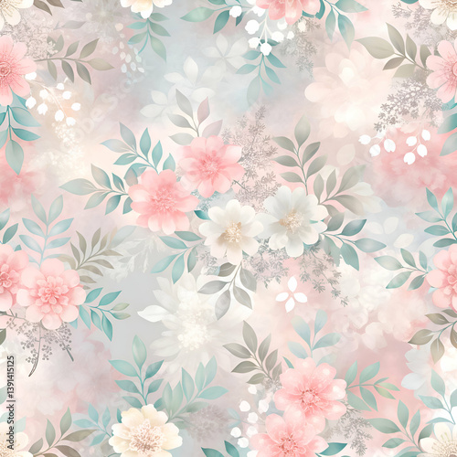 Delicate Pastel Floral Pattern. Watercolor Flowers and Leaves