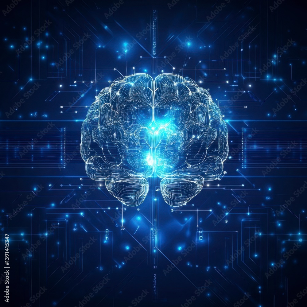Abstract Digital Brain Network Glowing Neural Connections on a Dark Blue Circuit Board Background Abstract Digital Brain Network Glowing Neural Connections on a Dark Blue Circuit Board Background